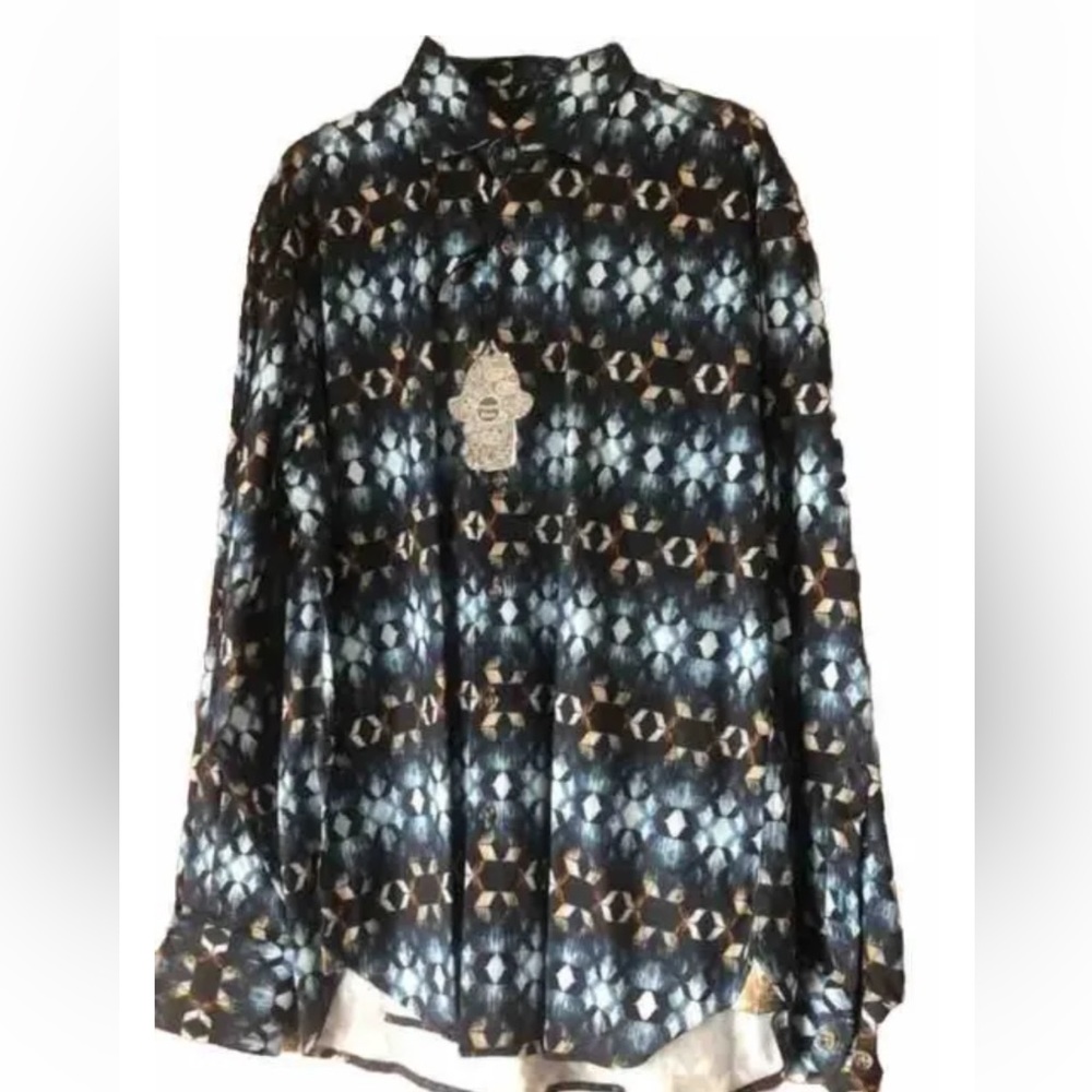 NWT Visconti Men's Sz M Woven Stretch LS Button up Shirt Blue-Multi Geo Print